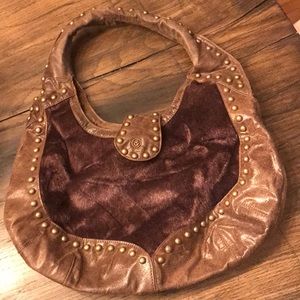Brown faux leather and fur bag